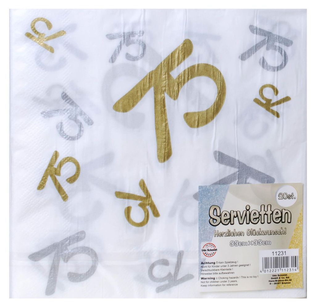 20 Servietten Geburtstag Jubiläum 75 weiß gold silber Produktbild 