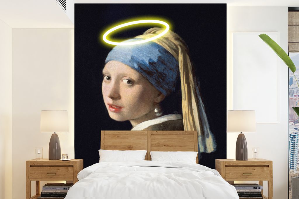 MuchoWow Fototapete für Wohnzimmer oder Schlafzimmer Wandtapete Vinyl Motivtapete Milchmädchen - Gemälde - Kreis - Gelb - 160x220 cm - Bildsch...