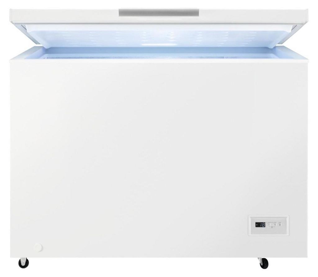 A white chest freezer with its lid open, showing the interior lit with blue light. The freezer has a digital display on the front right.
