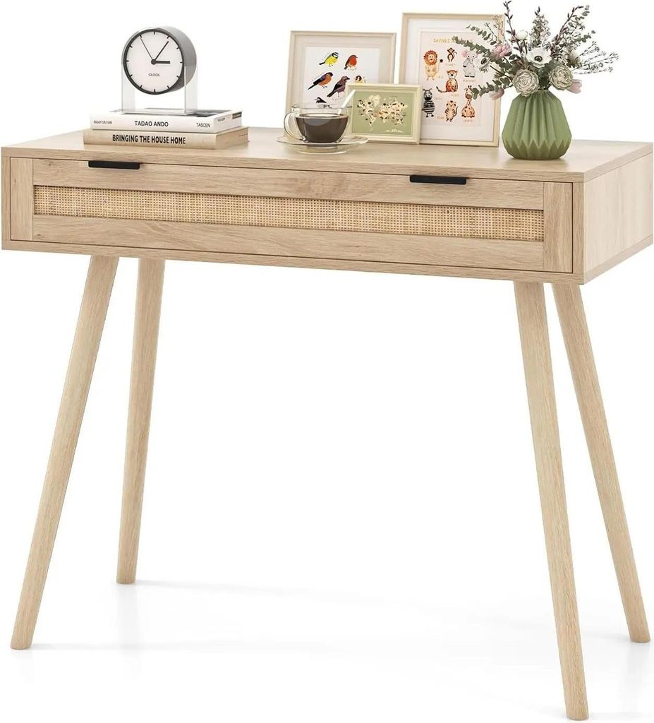 Rattan-Konsolentisch - Flurtisch - Holz - Mit Schublade - Boho-Stil - Montage erforderlich - Dunkelkhaki