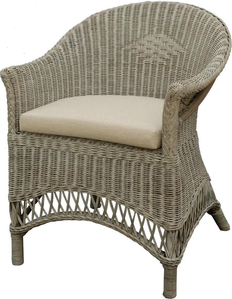 KRINES HOME Rattansessel Landhaus Flechtsessel aus Natur-Rattan Rattan Sessel Korbsessel Wintergarten (Royal Grau, mit Polster)