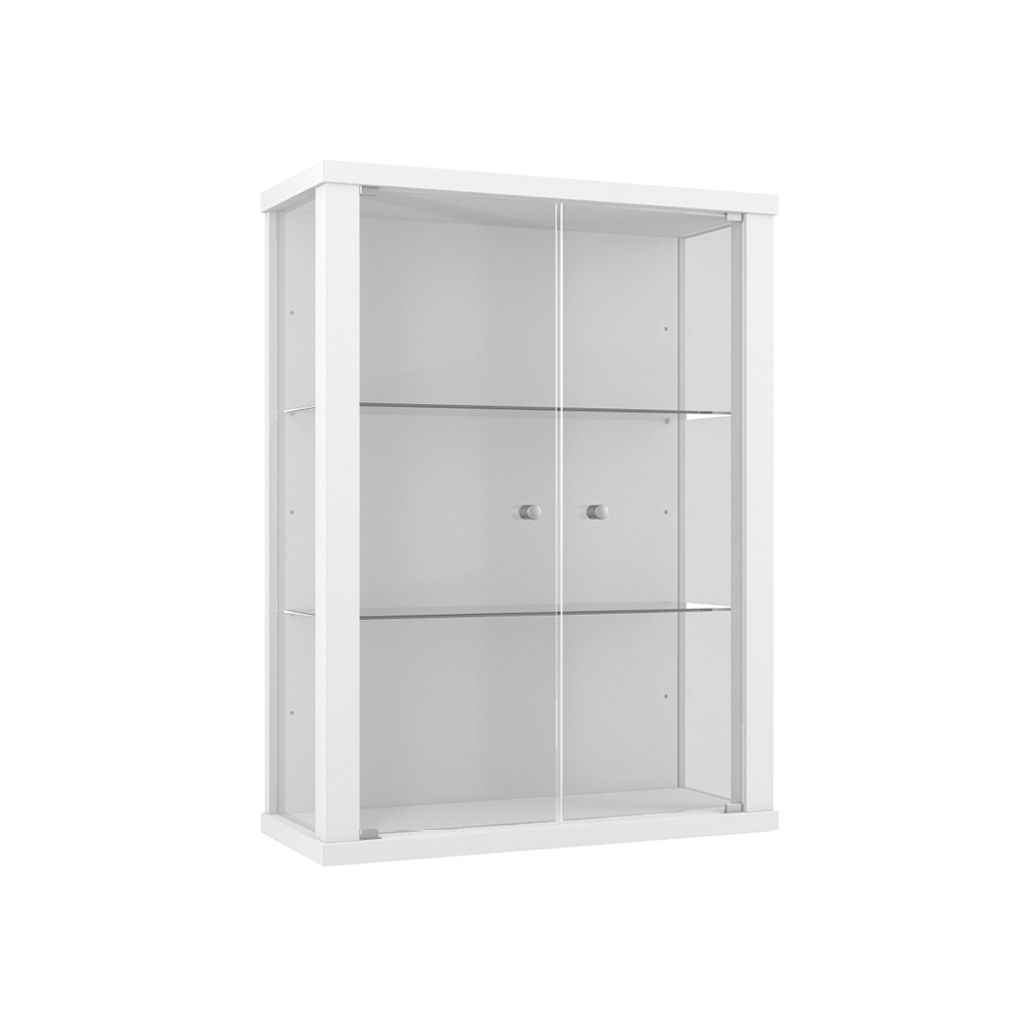 A white display cabinet with glass doors and shelves.