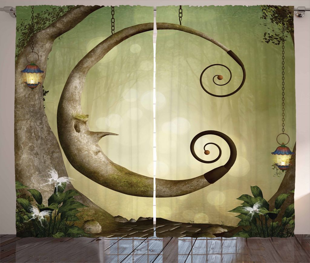 ABAKUHAUS Baum Rustikaler Gardine, Hängender hölzerner Crescent, Schlafzimmer Kräuselband Vorhang mit Schlaufen und Haken, 280 x 245 cm, Grün G...