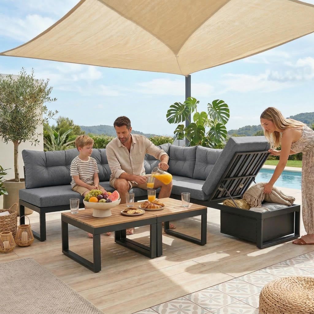 LVHOM Gartenlounge Set mit Liegefunktion, Gartenmöbel Set mit Stauraum, L-Form Outdoor Sofa aus Metall, Ecklounge mit Kissen und Couchtische, Grau