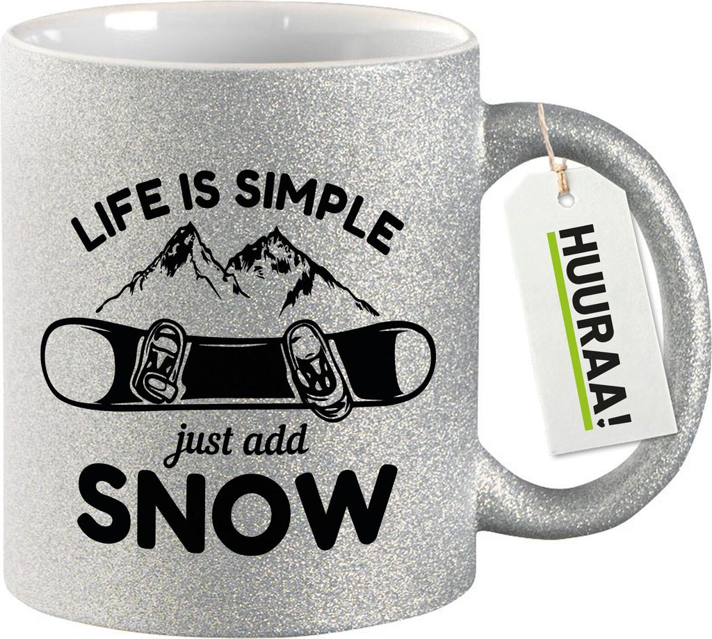 Huuraa Glitzertasse Snowboard Just add snow 330ml Silber Keramik Kaffeebecher Geschenkidee