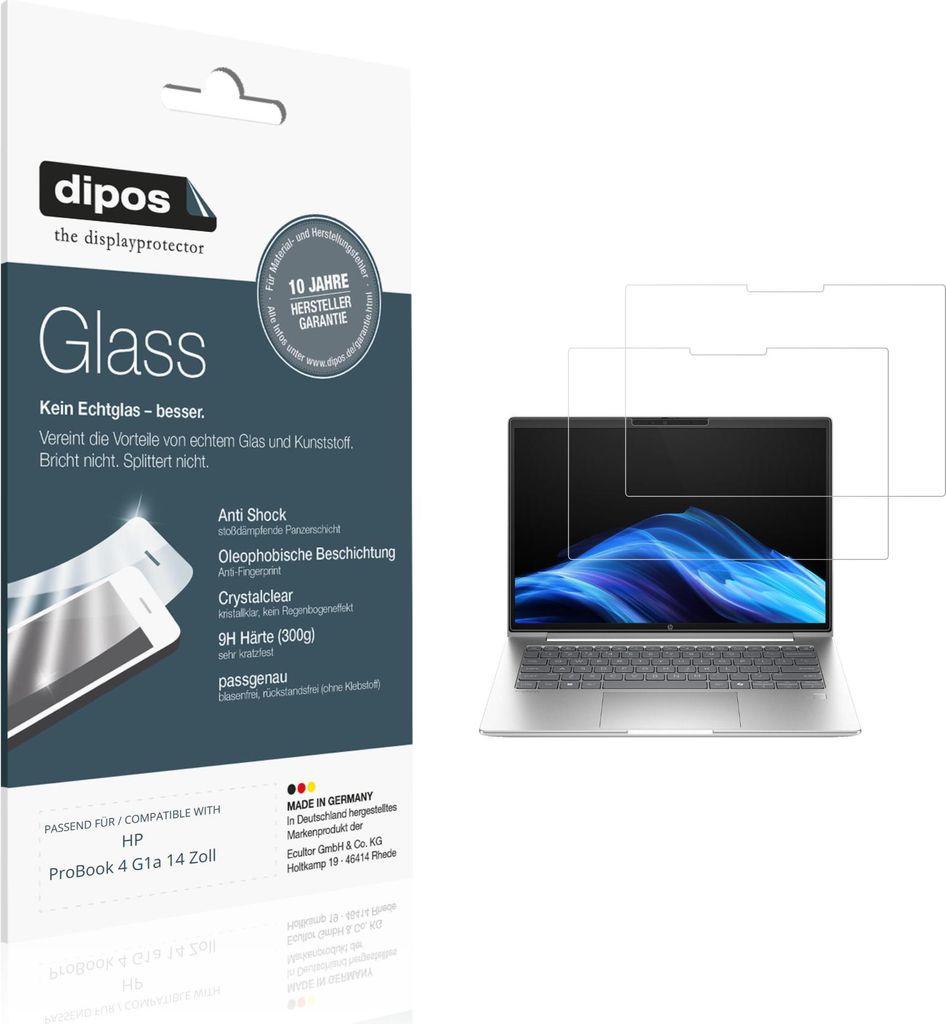2x Schutzfolie für HP ProBook 4 G1a 14 Zoll - Anti-Shock 9H Folie dipos Glass Kunststoffglas