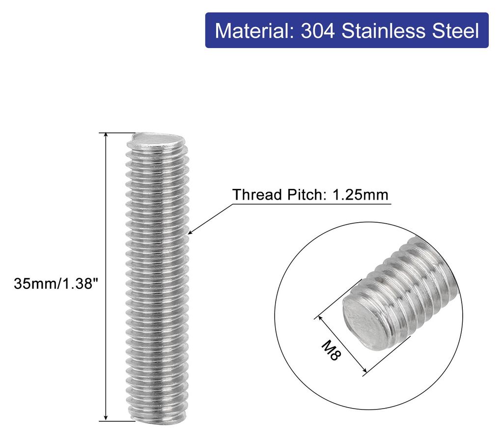 8 Stš¹ck Gewindestangen, M8 x 35mm, 304 Edelstahl, Gewindestab mit metrischem Vollgewinde, M8-1.25 Gewindestift fš¹r M?bel- und Maschinenmontage