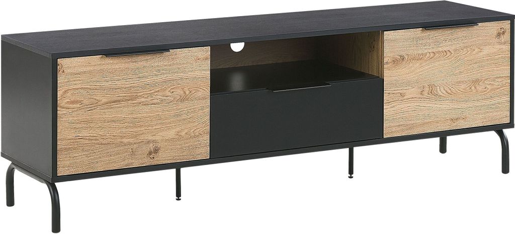 BELIANI TV-Möbel Schwarz / Heller Holzfarbton Spanplatte Metall 52 x 160 x 41 cm Modern 2 Türe mit Schublade Offenes Fach Praktisch Wohnzimmer
