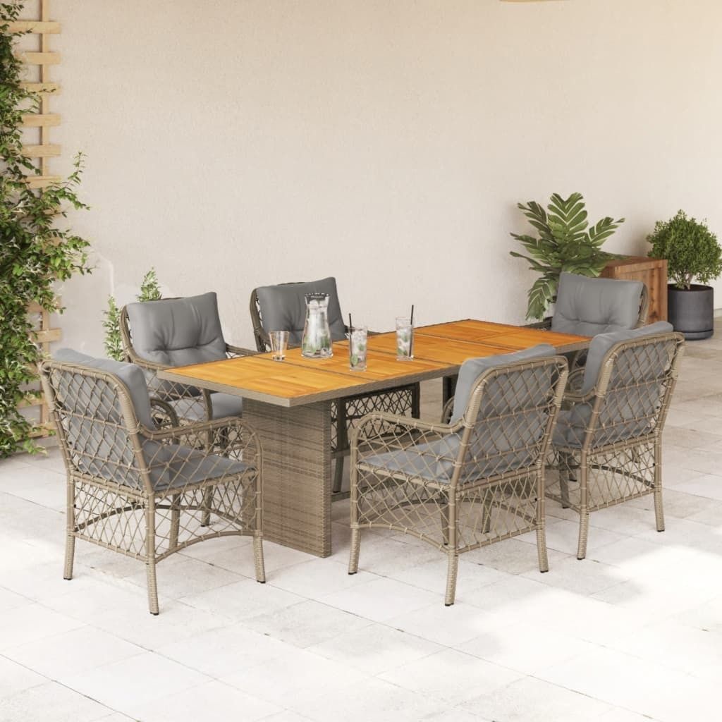 7-tlg. Garten-Essgruppe mit Kissen Beigemischung Poly Rattan - Gartenmöbelset 3212078