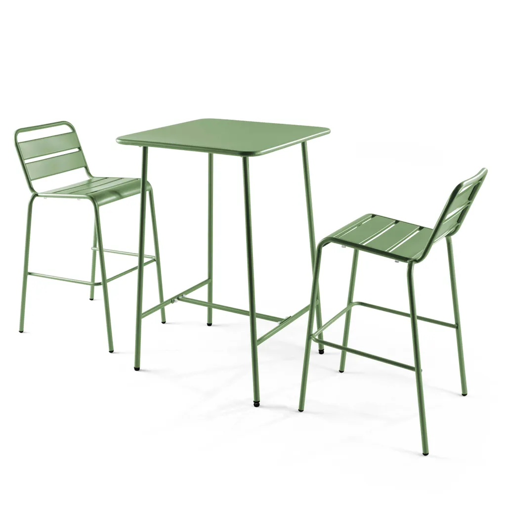 Table de bar Palavas et 2 tabourets en métal vert cactus - Oviala - 2