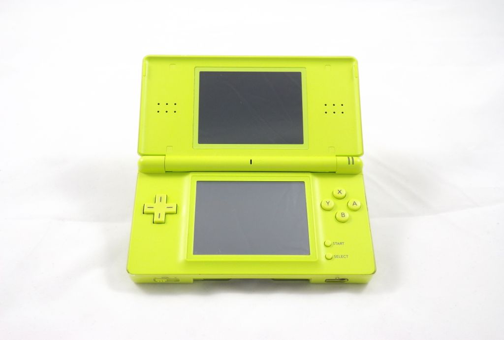 A lime green Nintendo DS Lite handheld gaming console is shown open and centered on a white background.