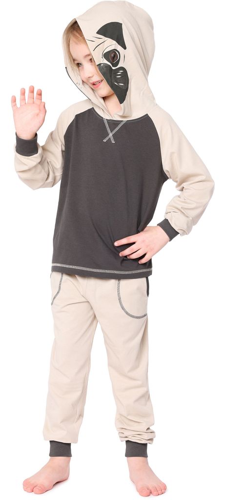 Ladeheid Kinder Mädchen Jungen Langarm Schlafanzug aus Baumwolle Tierkostüm Pyjama bunt mit Tiermotiv Verkleidung mit Kapuze LA40-236 (Beige Mops...