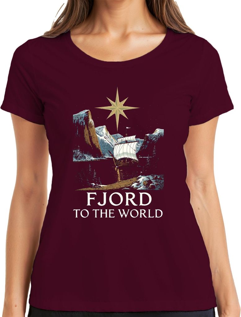FJORD TO THE WORLD Wikingerschiff Segelschiff Nordisch Stern Damen T-Shirt, Burgundy, XXL