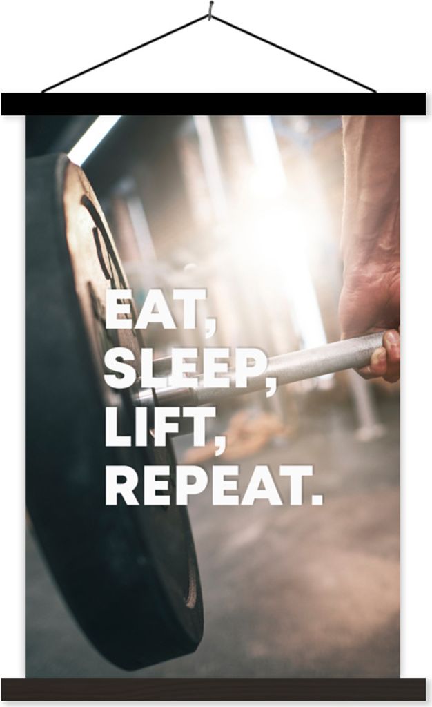 MuchoWow Textilposter Essen, schlafen, aufstehen, wiederholen. - Sport - Zitate - Sprichwörter 40x60 cm mit schwarzem Rahmen - Wanddekorationen