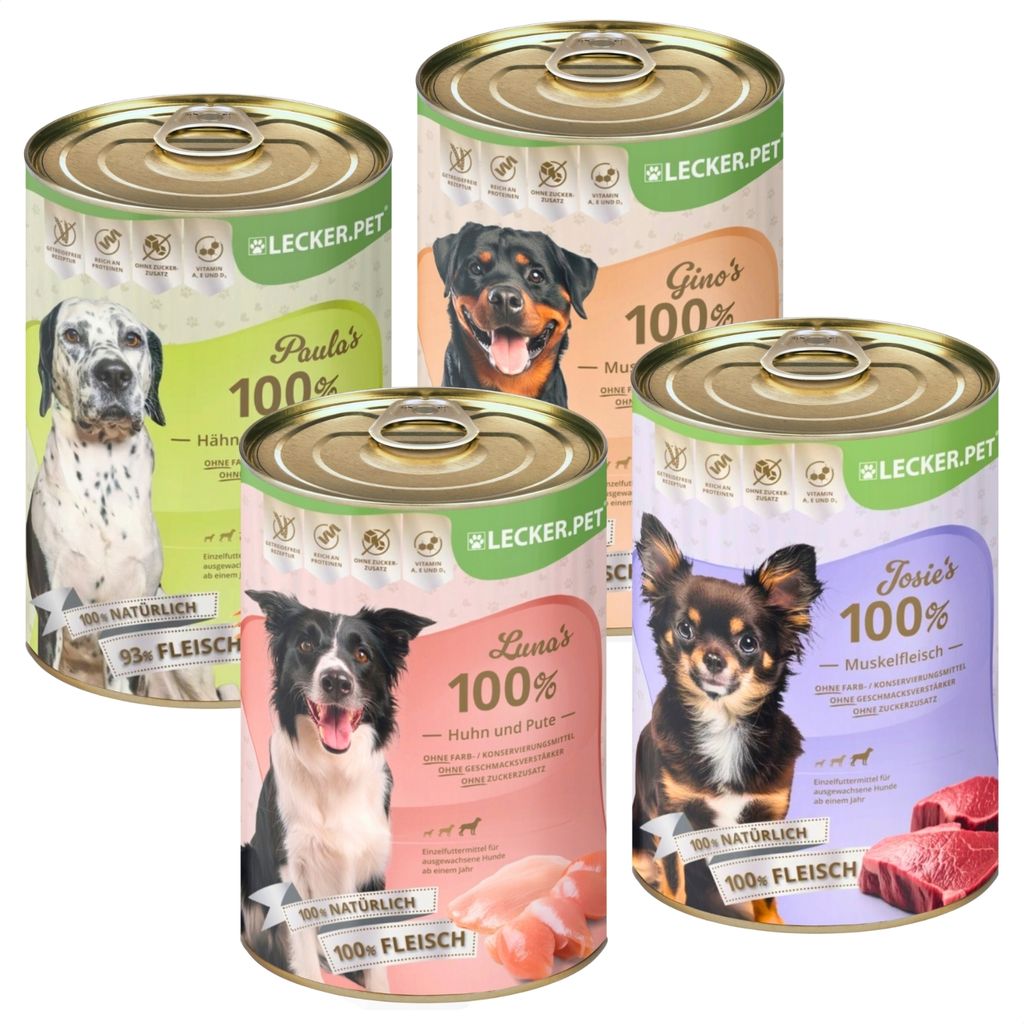 24 x 400 g Lecker.Pet Gino's, Josie's, Luna's & Paula's 100 % Fleisch & Gemüse Hundefutter Nassfutter Mix - je Sorte 6 Dosen
