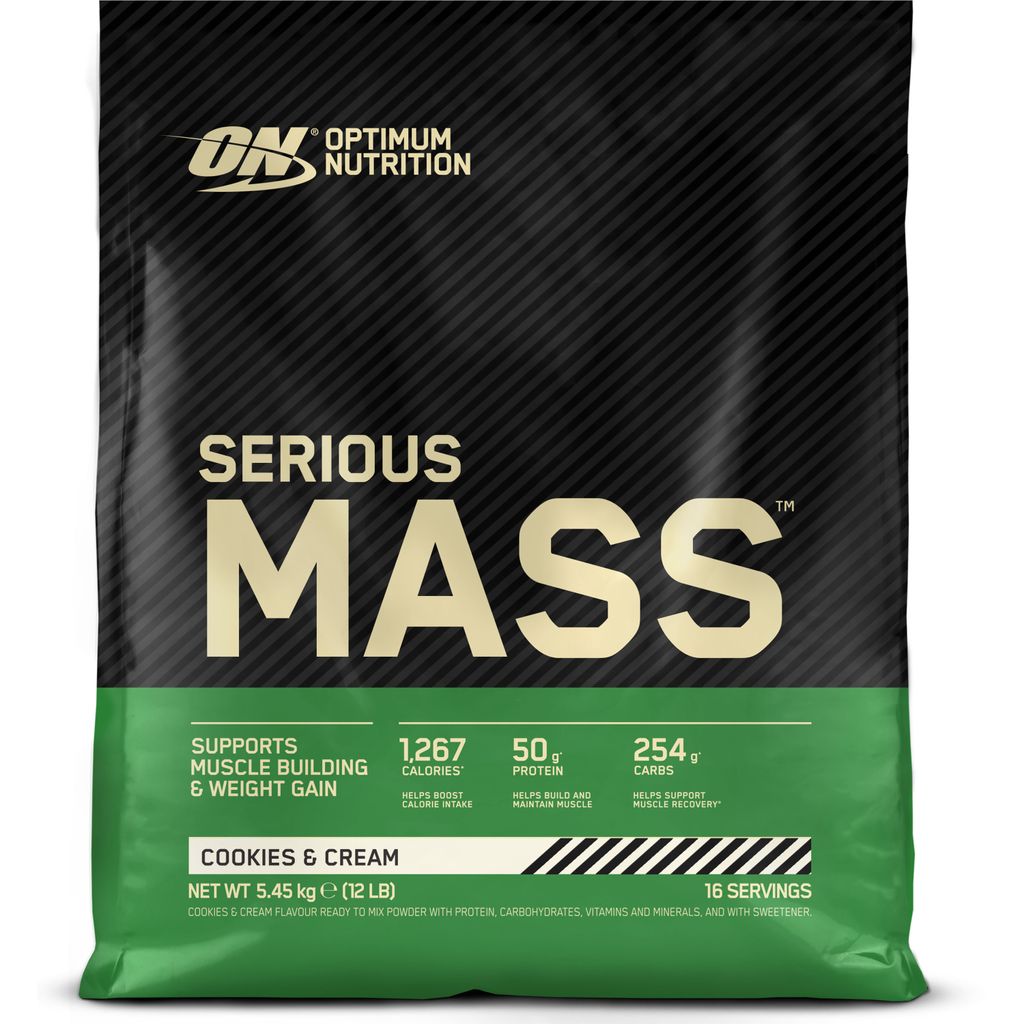A bag of Optimum Nutrition Serious Mass protein powder, Cookies & Cream flavor.