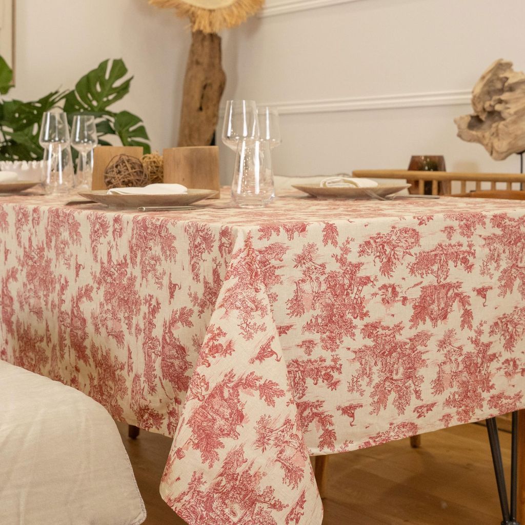 Rechteckige Wachstuchtischdecke mit Toile-de-Jouy-Muster