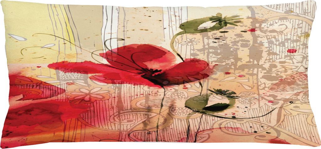 ABAKUHAUS Blume Kissenbezug, Romantisher Mohnblume Pinsel Effekt Beige Floral Ornamente Muster, 90 x 40 cm, Mehrfarbig