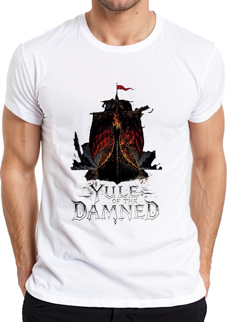 Yule of the Damned Wikinger Langschiff brennend Flammen Gothic Herren T-Shirt, Weiß, XXL