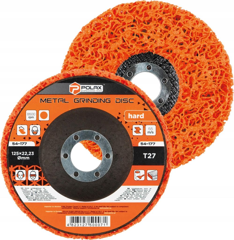 Schleifscheibe aus Vlies, orange, hart, T27, 125 × 22,23 mm, Polax