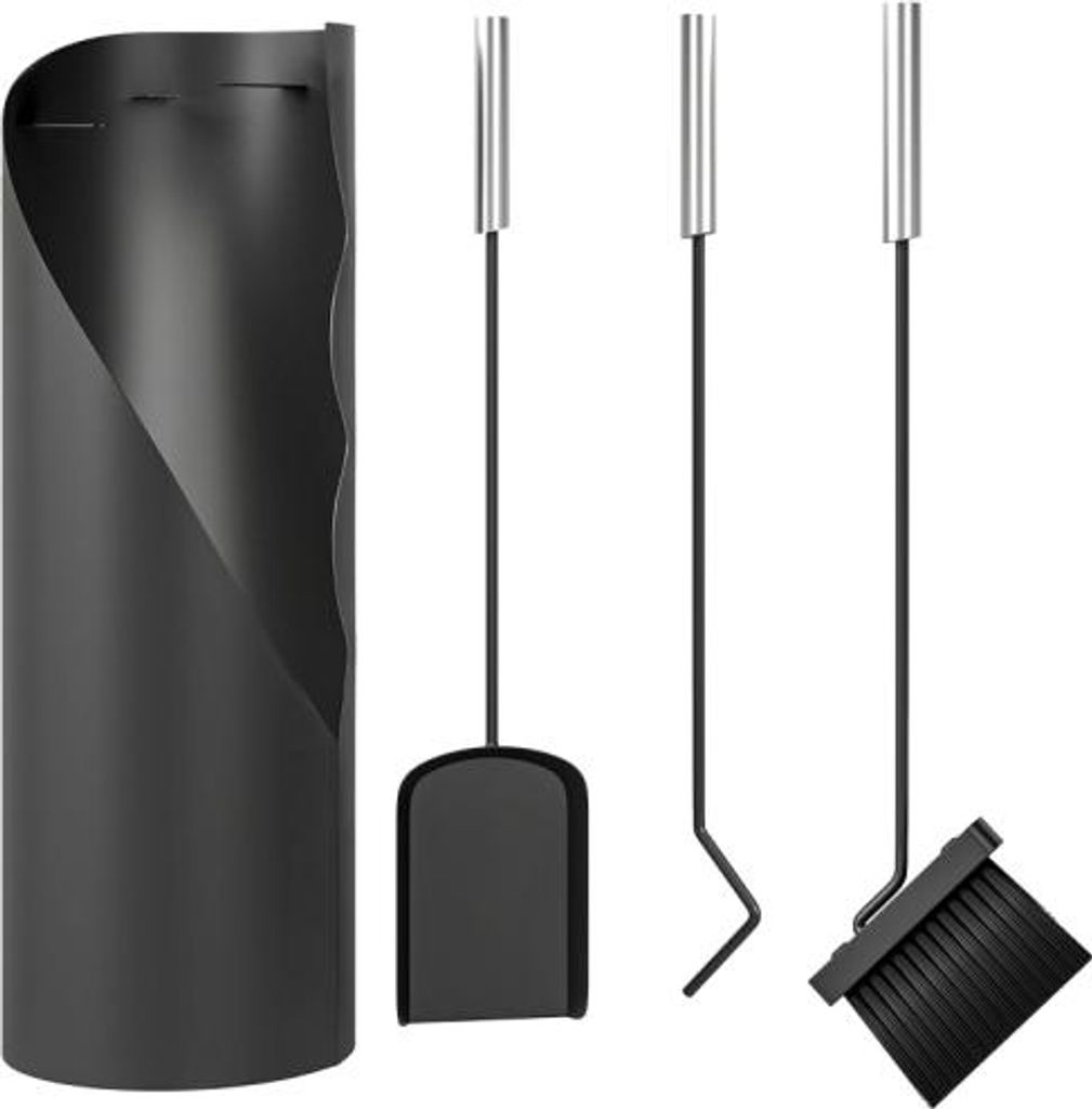 20x20x65cm Schwarz Kaminbesteck Set 4 Teilig Metall Mit Besen Schaufel Schuerhaken Korb Kamingarnitur