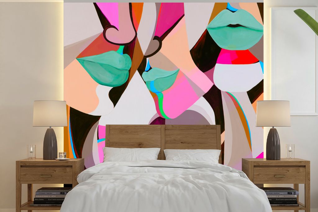 MuchoWow Fototapete für Wohnzimmer oder Schlafzimmer Wandtapete Vinyl Motivtapete Gesichter - Lippen - Bunt - Abstrakt - 280x280 cm - Hintergrun...
