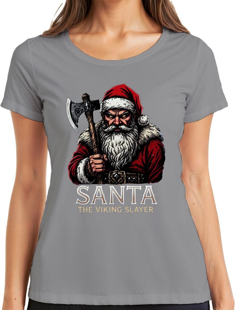 Santa The Viking Slayer Weihnachtsmann Axt düster Geschenk Damen T-Shirt, Grau, S
