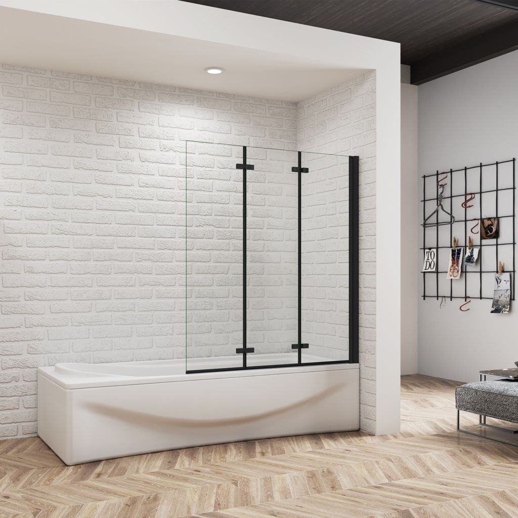 Schwarz Duschwand für Badewanne Badewannenaufsatz Faltwand 130 x 140 cm Klarglas 6 mm ESG-Sicherheitsglas