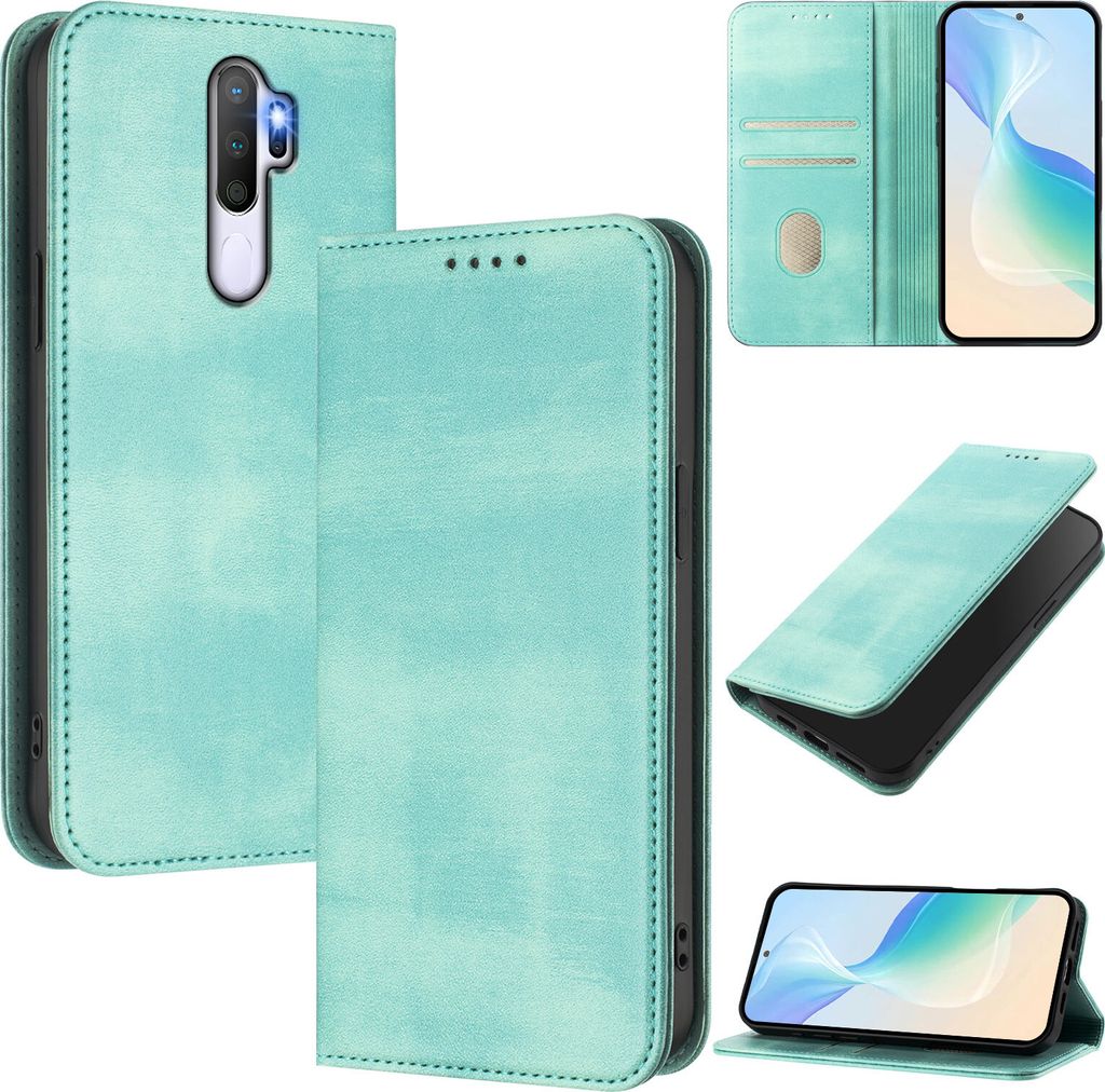 Handyhülle für Oppo A9 2020/A5 2020, Vintage Leder RFID Schutz Kartenfach Standfunktion Magnetische Klapphülle Türkis