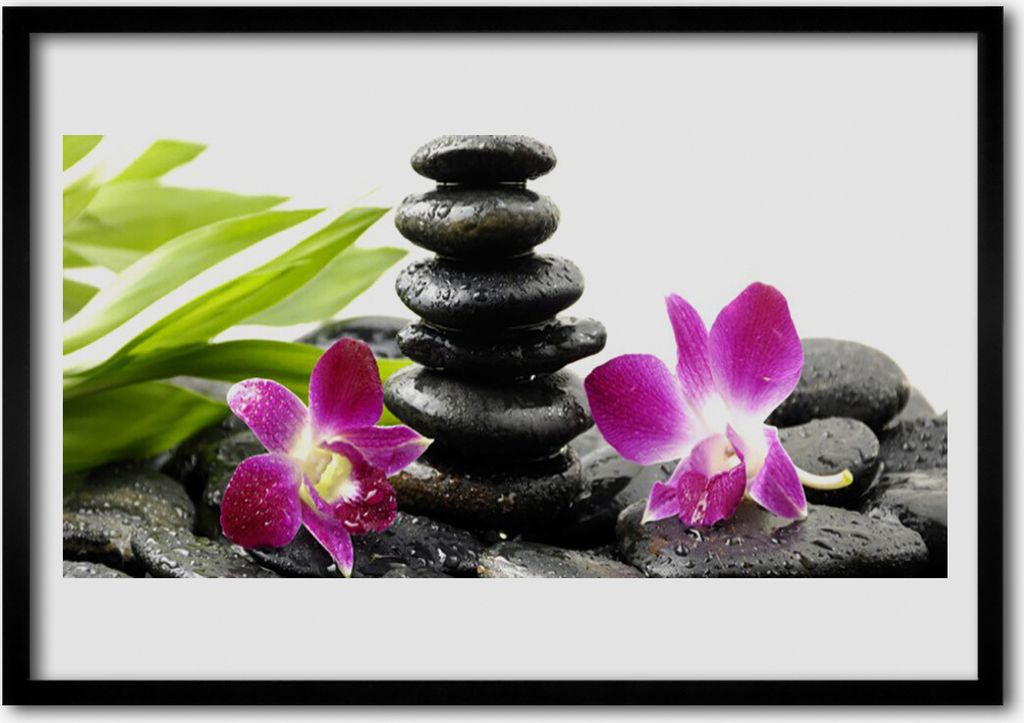 Bild 100x70 MDF-Rahmen Wandkunst Orchid Zen Spa Steine