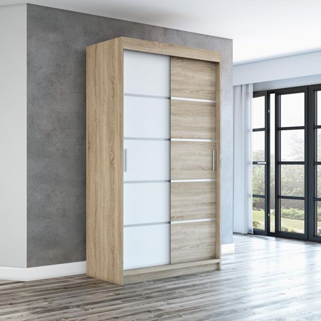 Schwebetürenschrank, 2-türig Schrank PARIS 120 cm (mit Spiegel) (Sonoma / weiß / sonoma)