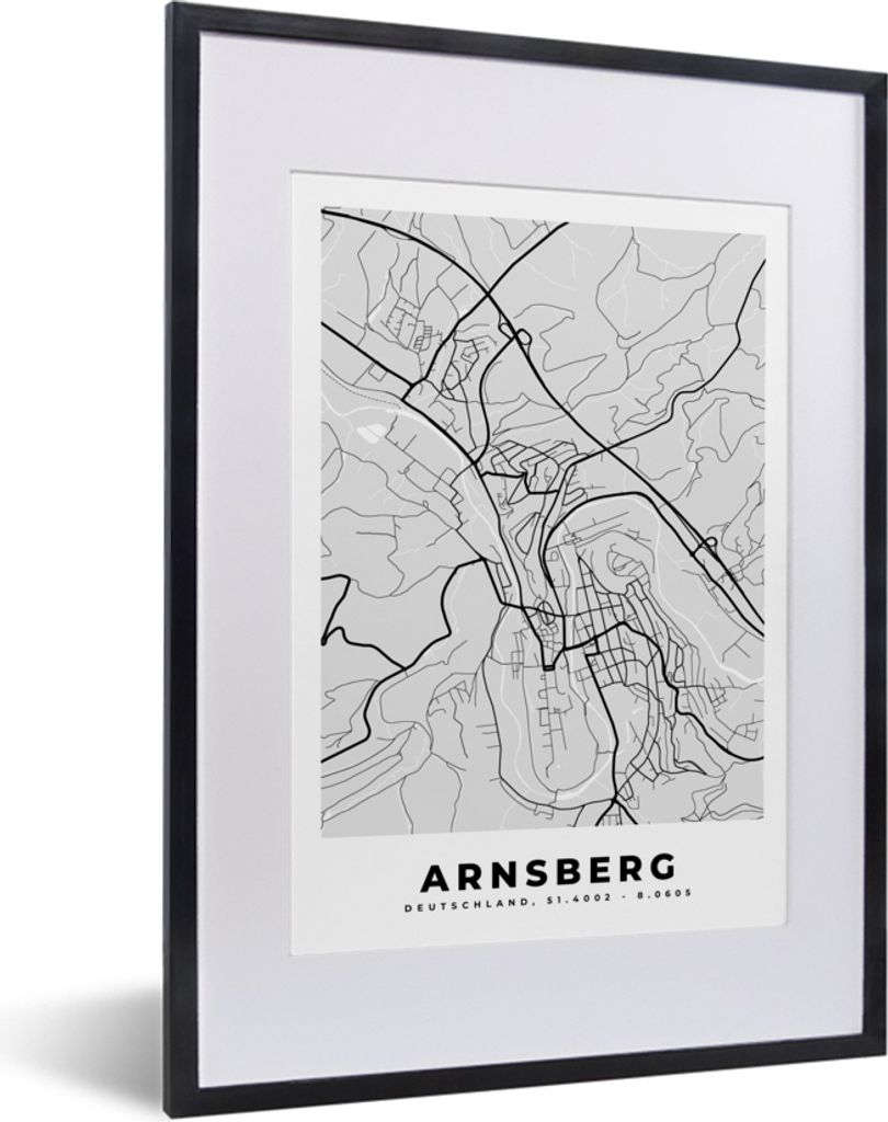 MuchoWow Gerahmtes Poster Arnsberg - Karte - Stadtplan - Deutschland - Karte 30x40 cm - Poster mit Schwarzem Bilderrahmen Wandposter Rahmen Foto ...