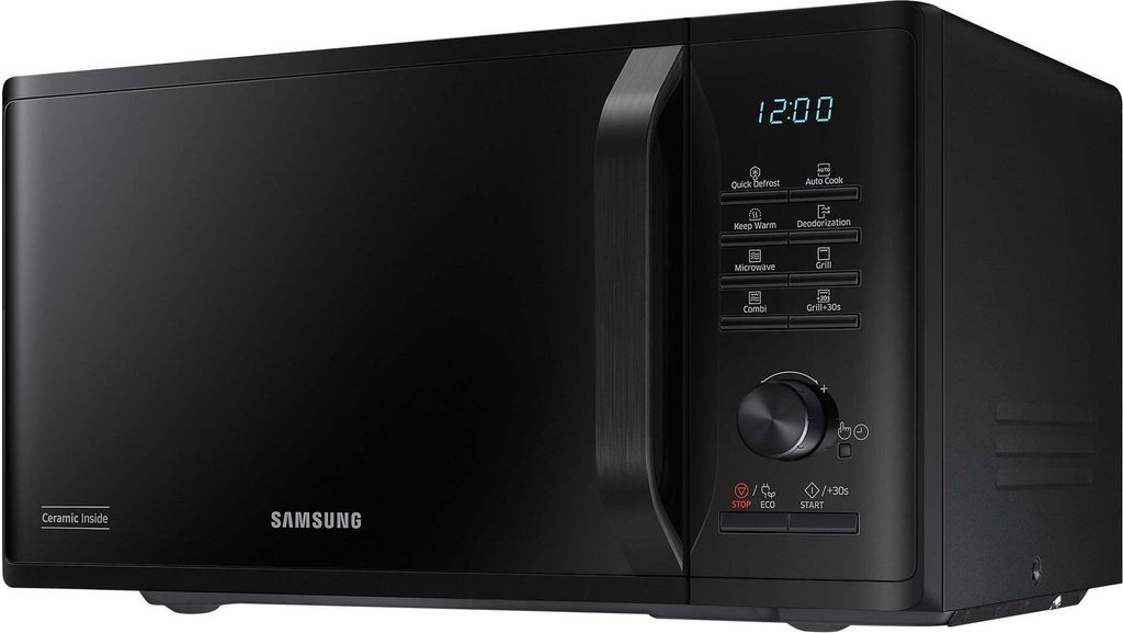 A black Samsung microwave oven shown from a diagonal front-side angle.