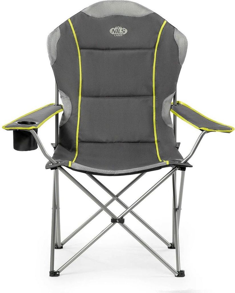 A gray camping chair with yellow trim and a cup holder is shown from the back against a white background.