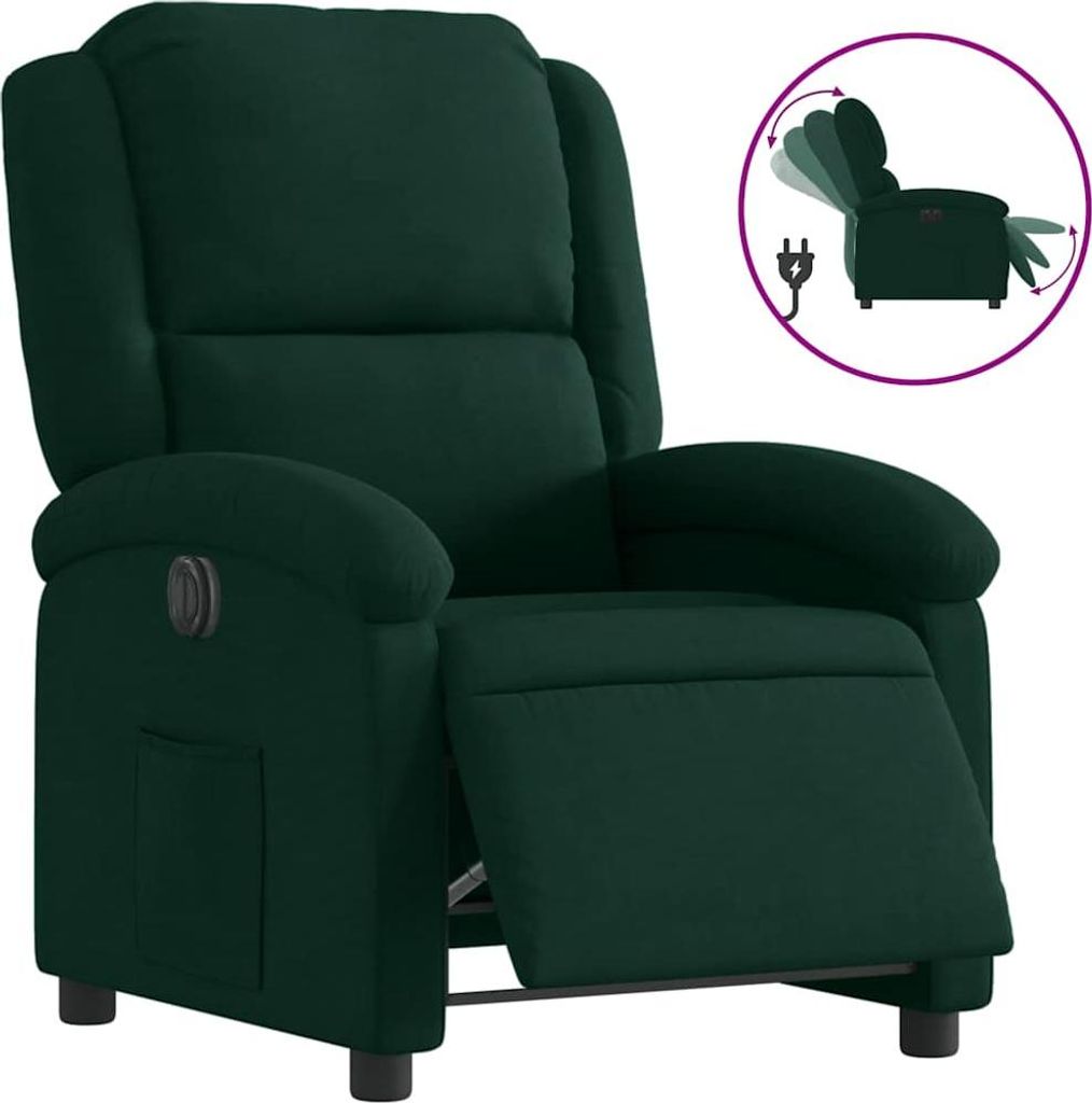 A dark green velvet electric recliner chair shown from the front-left.