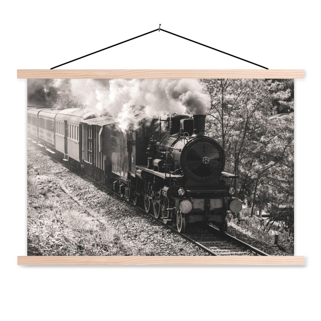 MuchoWow Textilposter Ein authentischer Dampfzug in Schwarz-Weiß 120x80 cm mit holzfarbenen Rahmen - Aufhängeset