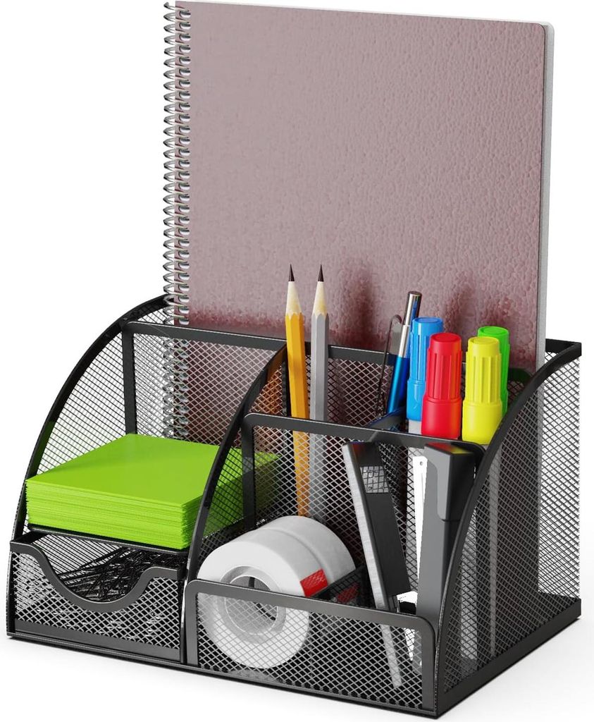 Schreibtisch Organizer und Stifthalter mit Schublade und 6 F?chern aus Metallgeflecht, Schwarz, 7 F?chern