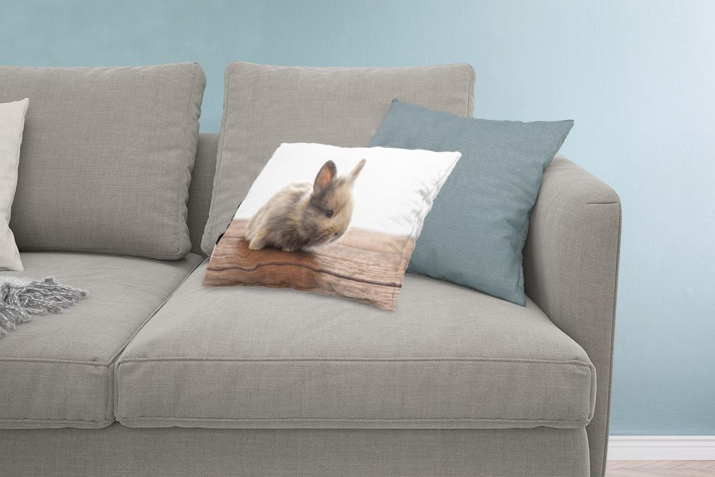 MuchoWow Zierkissen Sofakissen Wohnzimmer Dekokissen 60x40 cm Baby - Kaninchen - Holz - Kopfkissen - Polster mit Foto