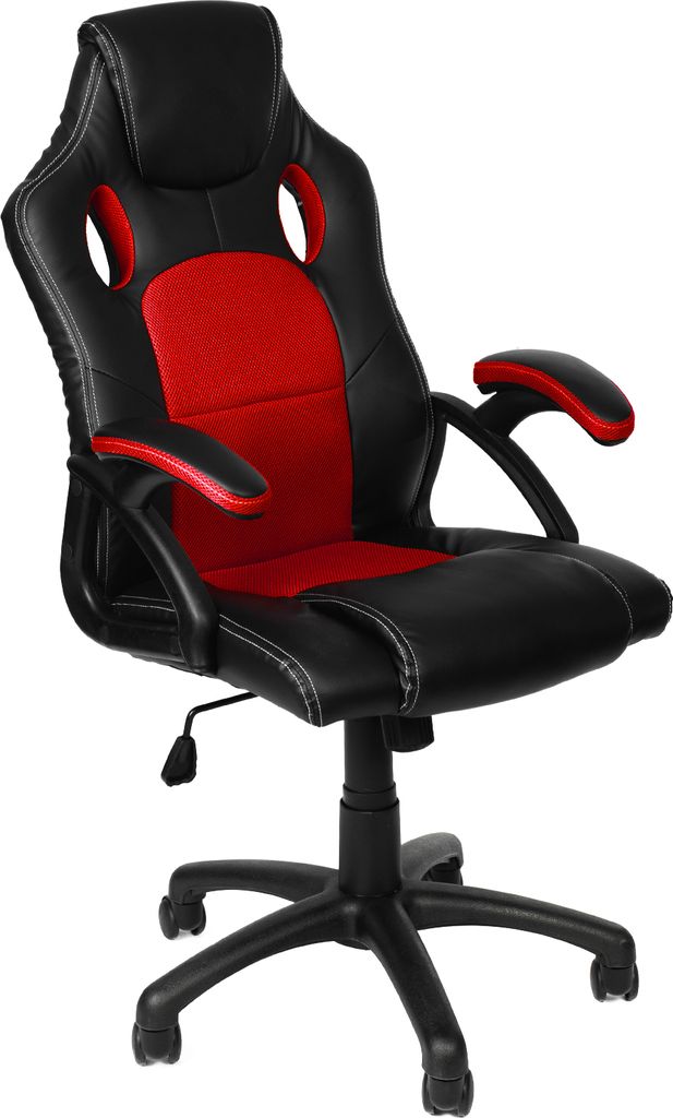 A black and red racing-style office chair is shown against a white background.