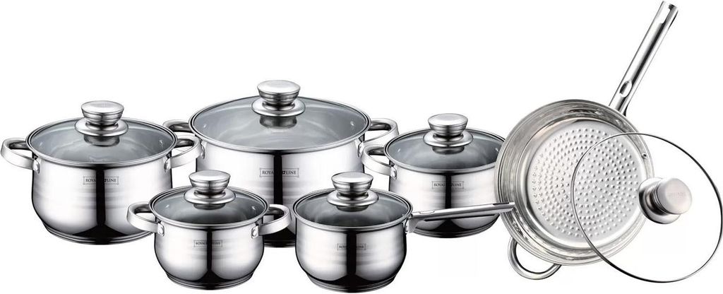 A set of stainless steel pots and pans with glass lids, arranged on a white background.