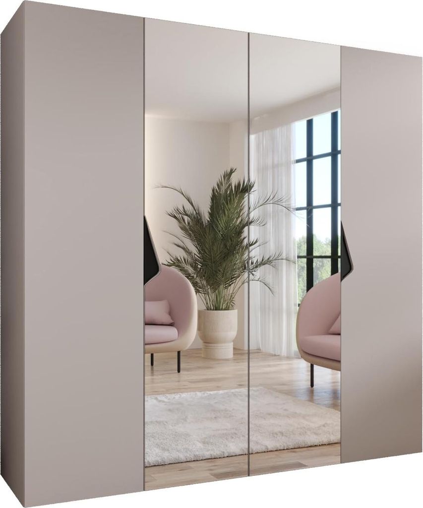 MEBLE KRYSPOL Schrank 200x202x52 cm mit Kleiderstange & Spiegel, 4xTür, SANDI, Kaschmir, Griff Schwarz