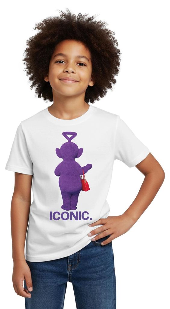 Spreadshirt Teletubbies Iconic-Design Tinky Winky & Handtasche Kinder T-Shirt, 110/116 (5-6 Jahre), Weiß
