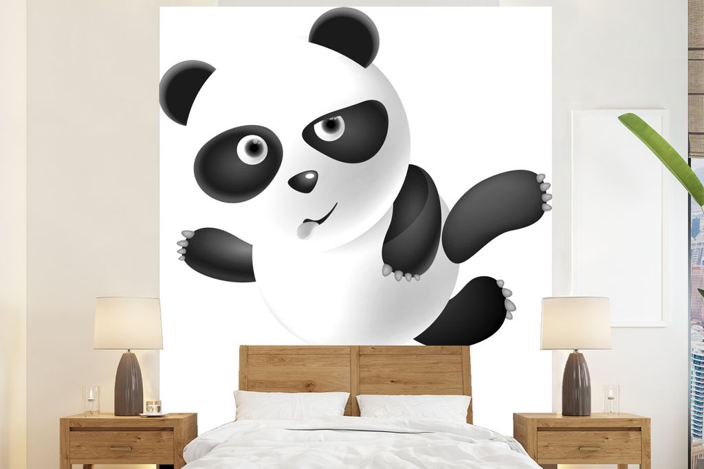 MuchoWow Fototapete für Wohnzimmer oder Schlafzimmer Wandtapete Vinyl Motivtapete Illustration eines Pandas im Kungfu-Stil - schwarz und weiß -...