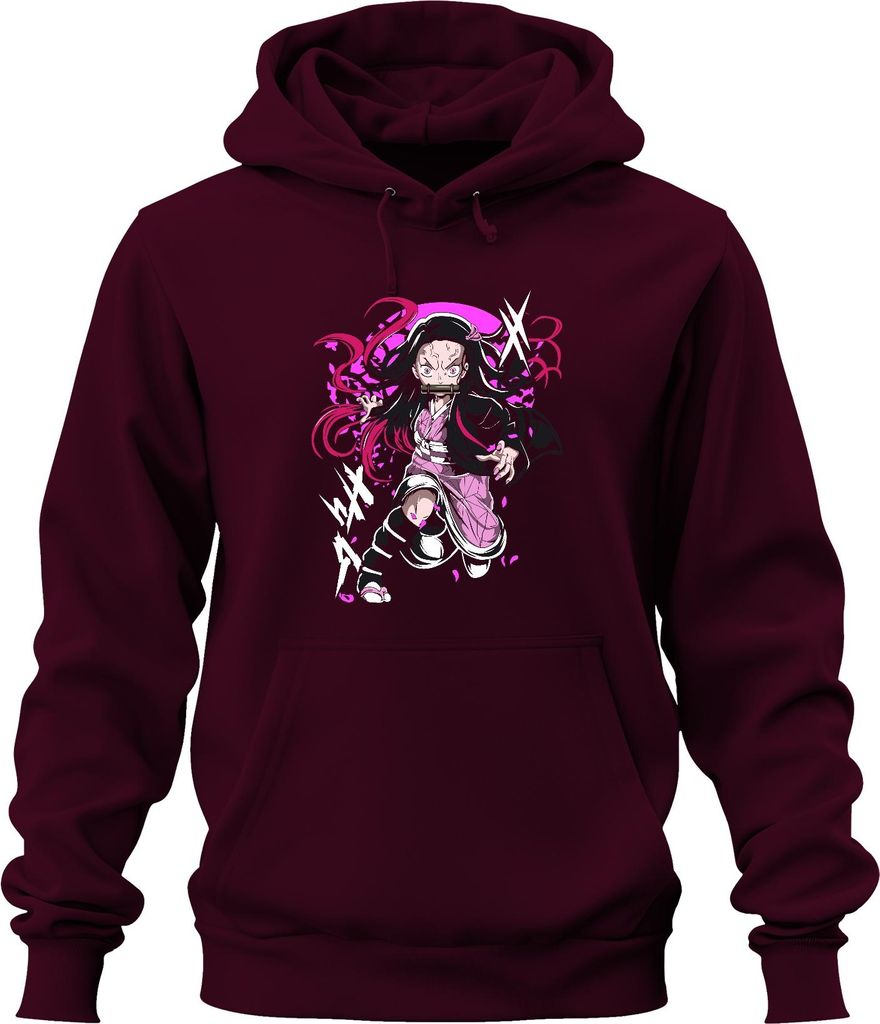 Nezuko Kamado Anime Dämon Kampfpose Bambus Beißschutz rosa Manga Uni Hoodie Kapuzenpullover, Burgundy, XL