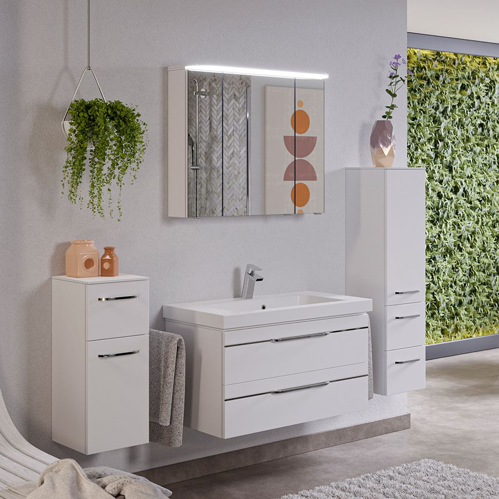 Badmöbel Komplett Set, weiß Glanz, inkl. Waschbecken und LED Beleuchtung, BUDVA-66, B/H/T ca. 184/200/49 cm