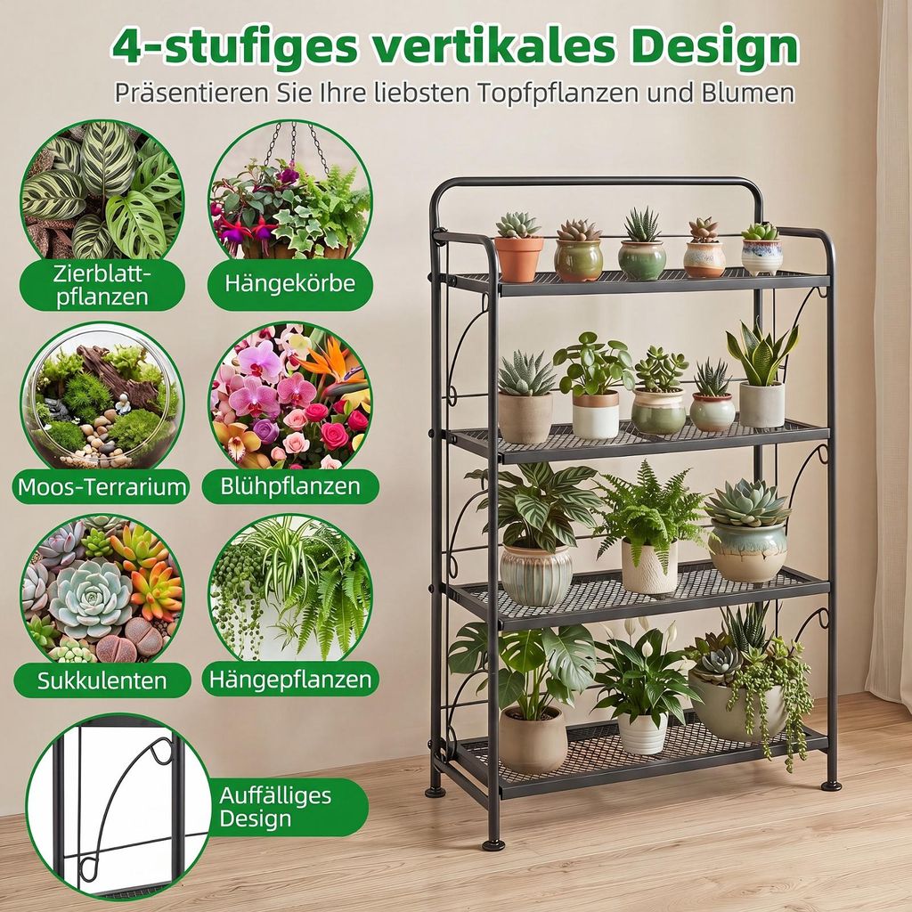 COSTWAY Blumenregal Metall, klappbares Pflanzenregal mit 4