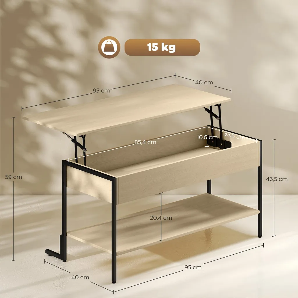 Table de salon avec plateau relevable et compartiment caché bois clair - 5