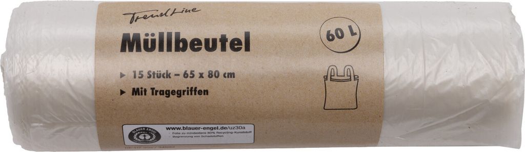 Trendline Müllbeutel 60 L, transparent+Tragegriff, 15 Stück