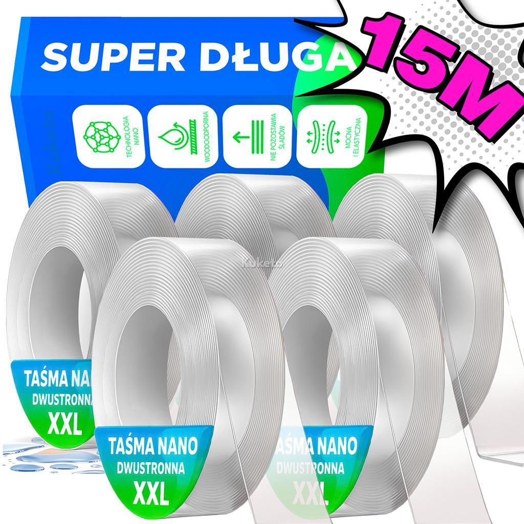 Kuketo | 5er-Set Nano-Gel-Klebeband 3 m – Doppelseitiges, Wiederverwendbares Montageband – Transparent, Stark & Wasserfest Für Haushalt, Büro...