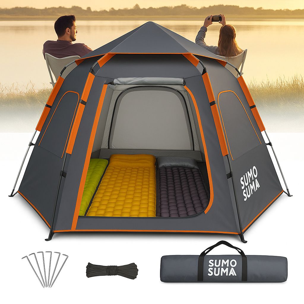 Sumosuma Zelt 3-4 Personen, Wurfzelt Wasserdicht, Automatik Pop Up Zelt, Schnellaufbau Camping Igluzelt, Leicht Campingzelt, Trekking, Schwarz
